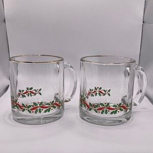 Vintage Holly Berry Gold Rimmed Libbey Glass Mugs Set of 2 Made in USA